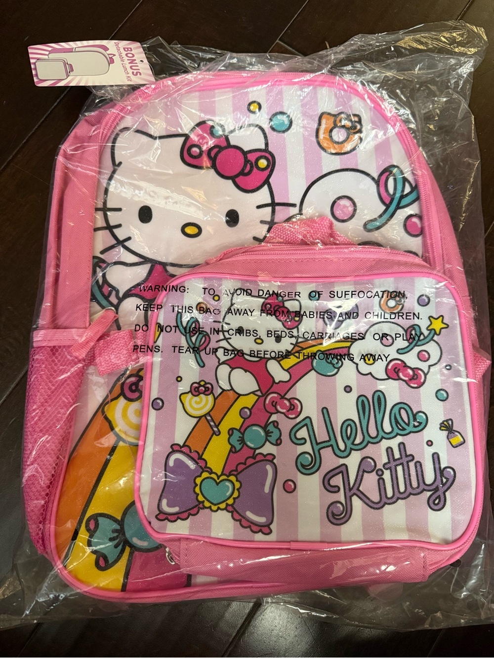 New Hello Kitty Pink Striped Kids Backpack with Rainbow Graphic and Pouch